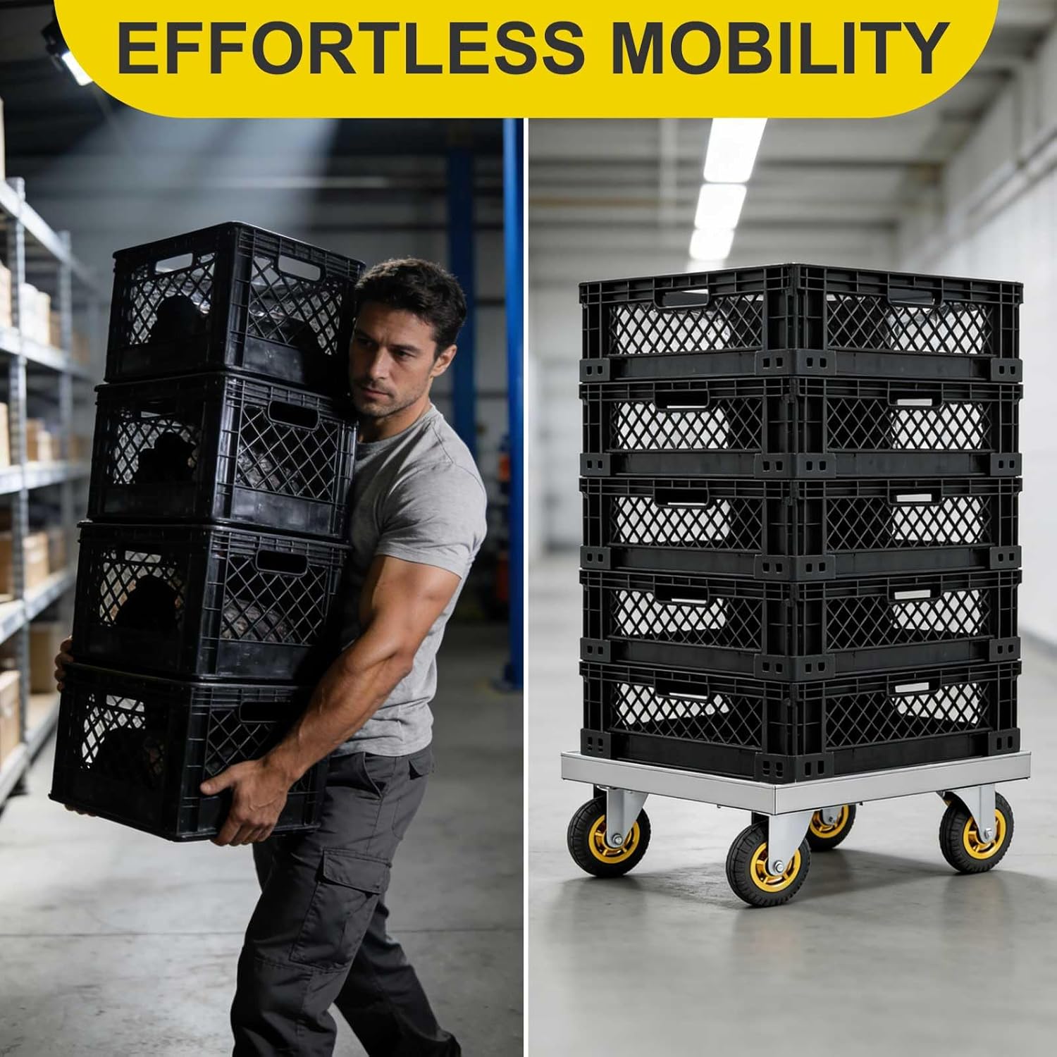 Heavy Duty 304 Stainless Steel Cart, 660lb Capacity Commercial Utility Dolly with Non-Marking Wheel for Restaurant Kitchen Warehouse, Milk Crate Storage Box Transport, 14.25''x14.25''x7.5''