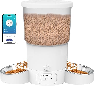 SURDY Automatic Cat Feeder with 5G WiFi, 20 Cups/5L Automatic Cat Food Dispenser for 2 Cats Smart Pet Feeder with APP Control for Remote Feeding White, 5L