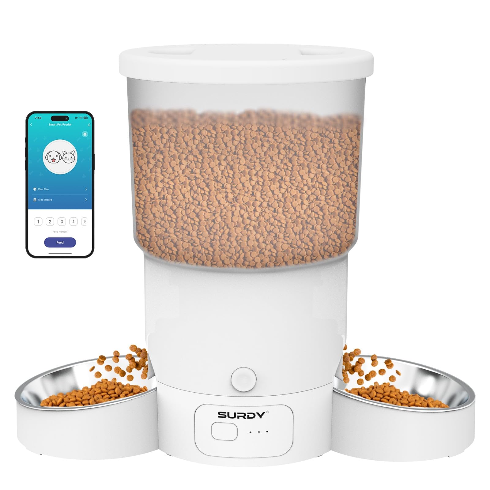 SURDY Automatic Cat Feeder with 5G WiFi, 20 Cups/5L Automatic Cat Food Dispenser for 2 Cats Smart Pet Feeder with APP Control for Remote Feeding (White, 5L)