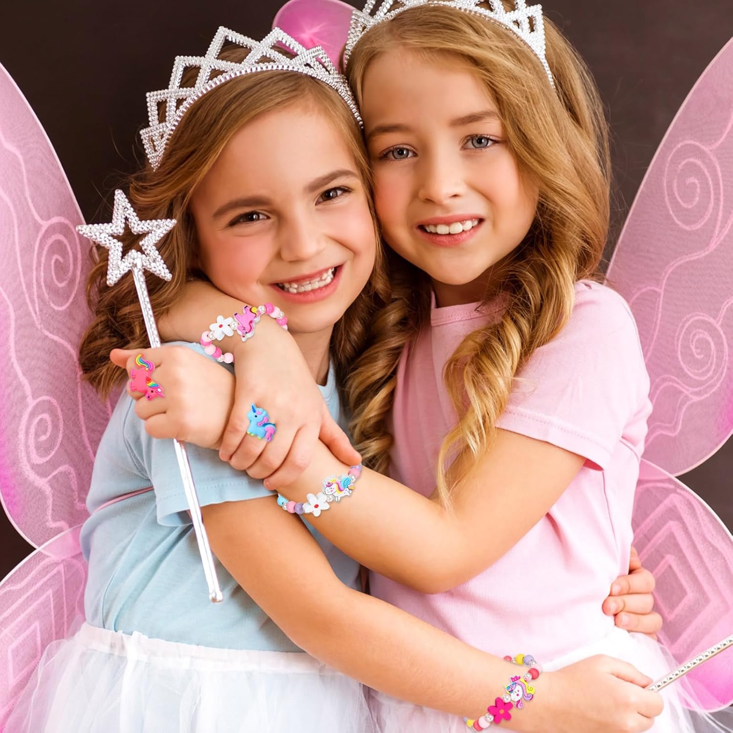 Tondiamo 48 Pcs Kids Jewelry for Little Girl, Unicorn Ring Bracelets Wooden Beaded Bracelets and Colorful Silicone Toy Rings Princess Pretend Play Unicorn Birthday Gifts for Girls 4-6