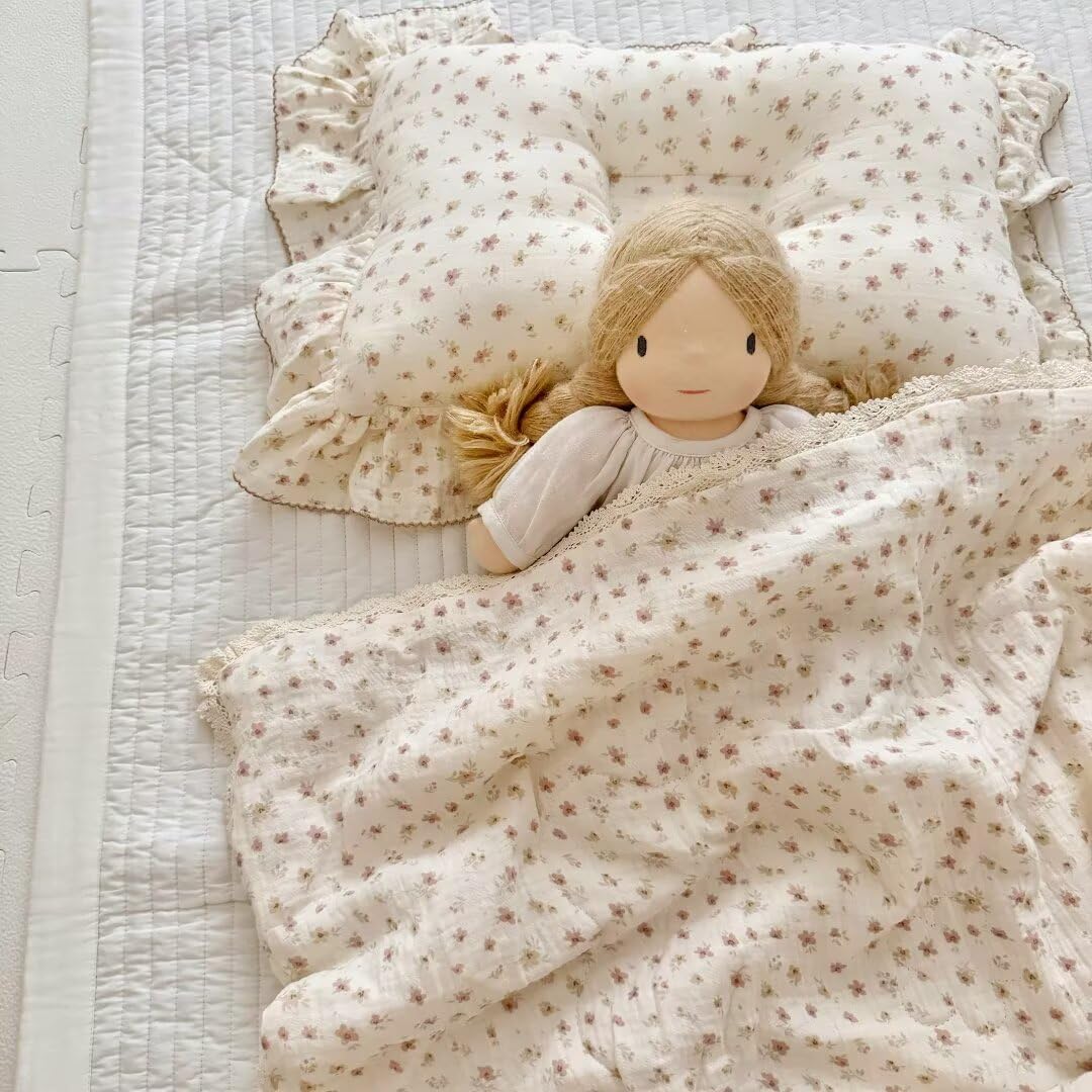 BuLuTu Muslin Quilt Blanket and Pillowcase for Twin Bed, Pink Floral Print