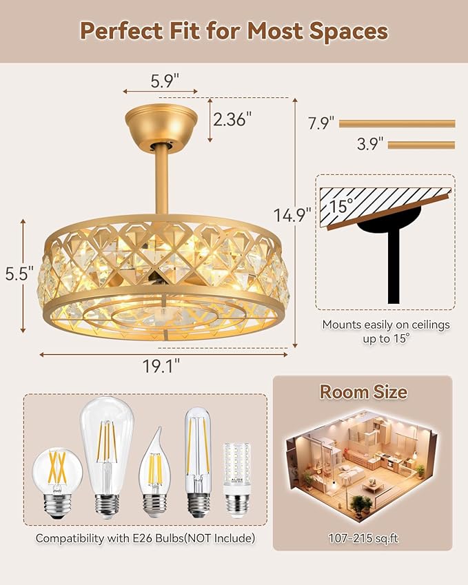 Ventilador de Techo 19.1 Pulgadas con Luz, Control Remoto, 6 miniatura 2