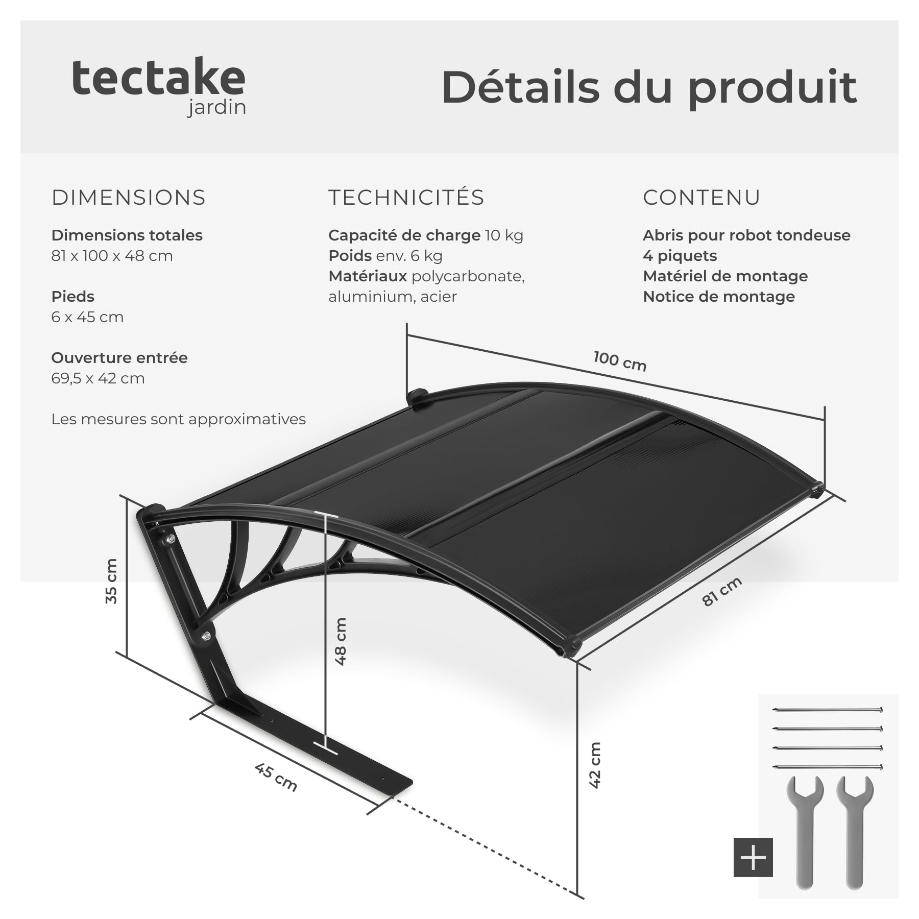 tectake® Abri Garage pour Robot Tondeuse, Abri de Jardin pour Robot Tondeuse sans Fil périphérique, Auvent Résistant aux intempéries & UV, Fixation au Sol ou ancrage avec des piquets Inclus