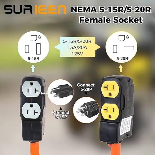 Miniatura 2 de NEMA 14-50P macho a 5-20R/15R hembra adaptador de distribución RV de 1.5 pies, cable adaptador de 50 amperios a 20 amperios con disyuntor de 20