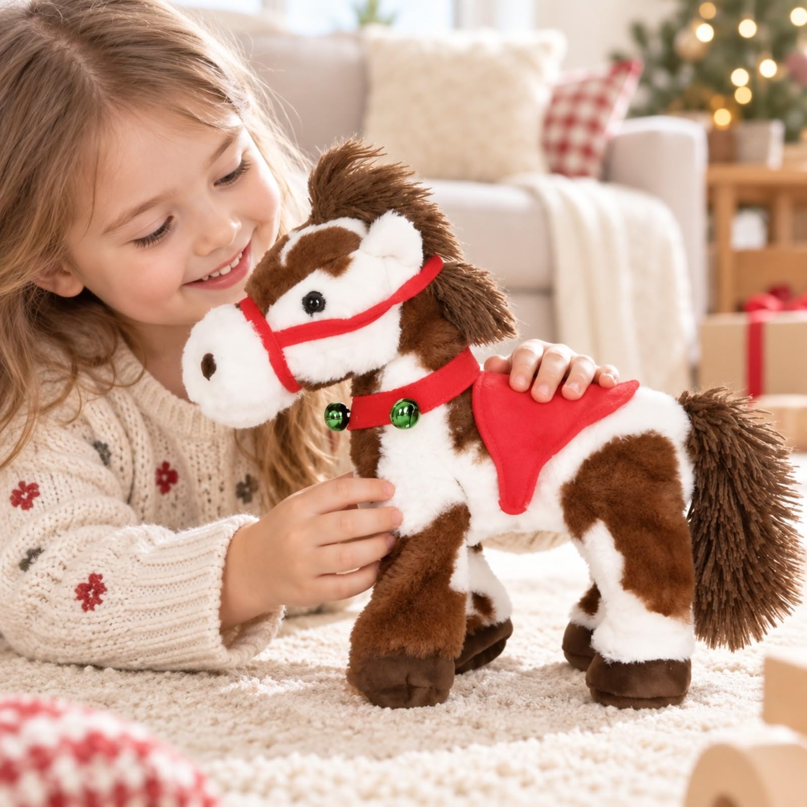 Peluche Maculato e Bianco Imbottito di Peluche con Redini Rosse Interattivo Giocattolo per Bambini, Area Giochi