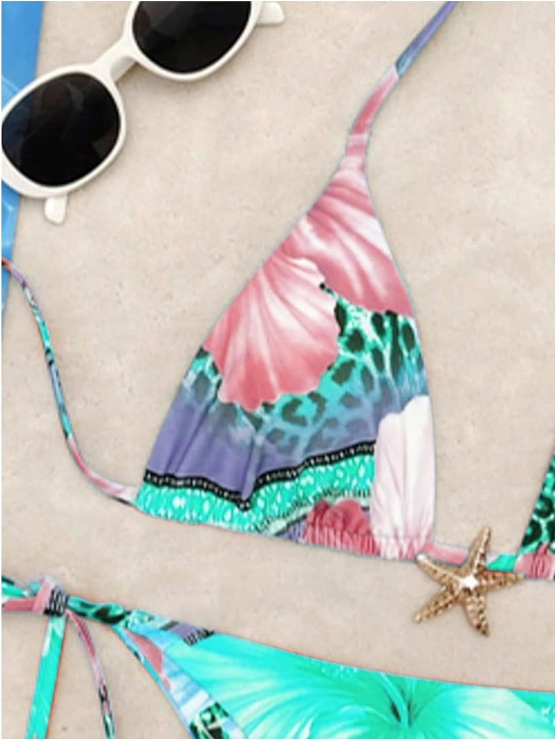 QJQ Women's 2 Piece Bikini Sets Floral Leopard Starfish Metal Triangle Bathing Suit Cheeky String Swimsuit - Image 2