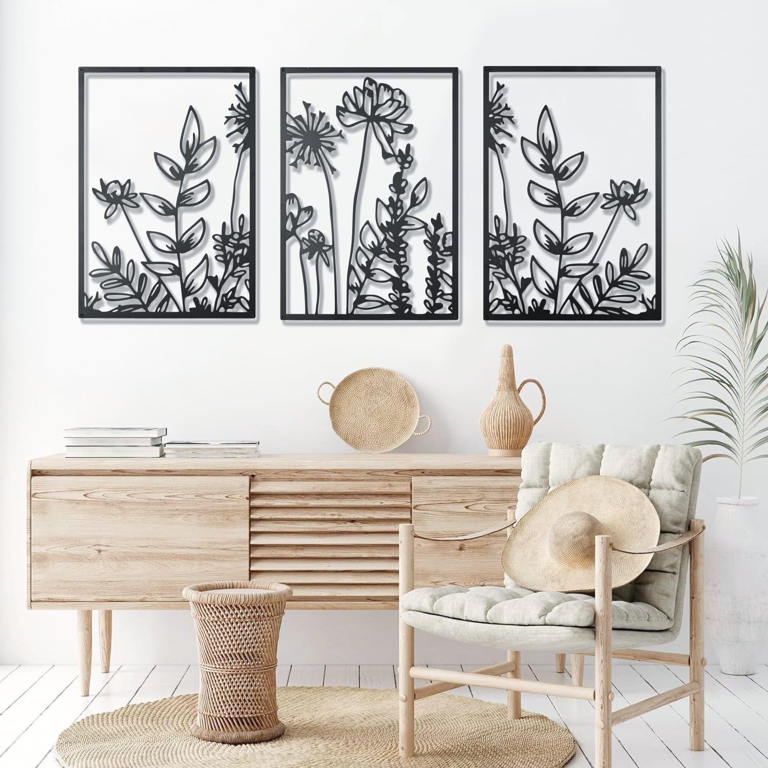 IcosaMro Metall-Wanddekoration Set – 4-teilig, Schwarz, Abstrakte Blumen, Je 22x43 Cm