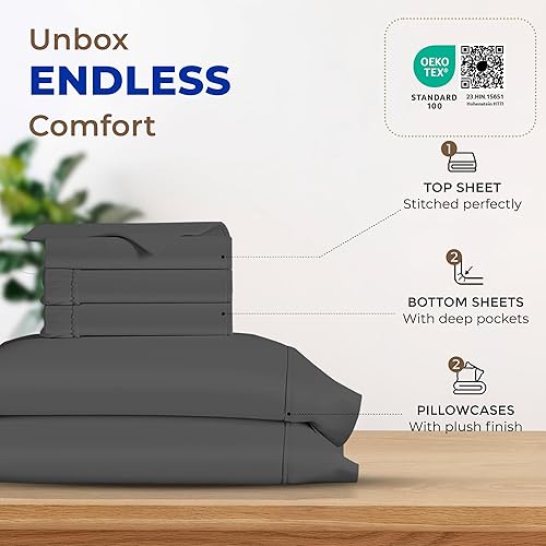 Vista 279 de THREAD SPREAD Hotel Collection - Juego de sábanas de 600 hilos de algodón egipcio, satinado, 4 piezas, Blanco, King