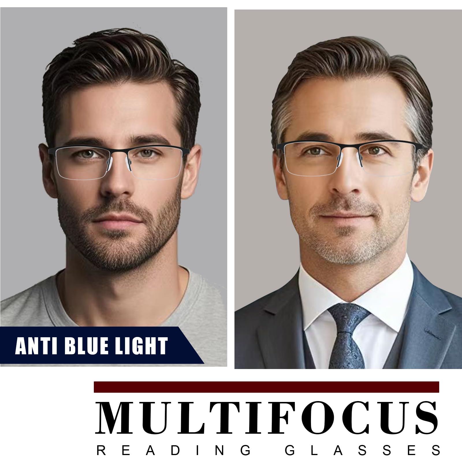 EVANLCAP Premium 2 Pack Multifocal Progressive Reading Glasses Men, Blue Light Blocking Multifocus Readers No Line Bifocal Glasses Spring Hinge Half Rim Frame (for Mid-Near Range 3ft, 2.5x)