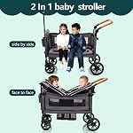 Luxury Wagon Stroller for 2 Kids & Cargo-Lightweight Foldable Travel Push Pull All-Terrain Double Wagon for 2 Toddlers with 5-Point Harness,Adjustable Handle,Canopy,Tray Table,Cup Holder