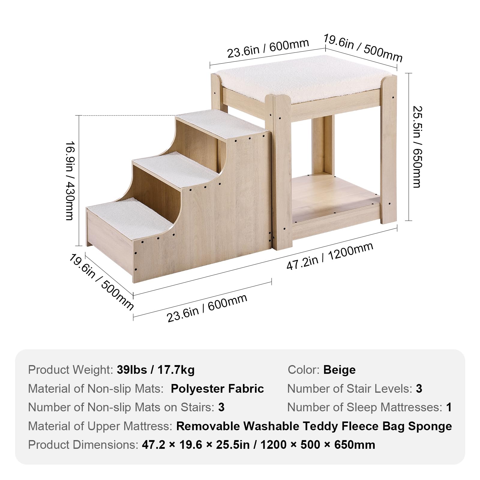 VEVOR Letto a Castello per Animali Domestici con Scale, Trespolo per Finestra per Cani/Gatti a più livelli per Uso Interno Accanto a Letto, Piattaforma di Seduta Rialzata con Cuscino in Schiuma, Beige