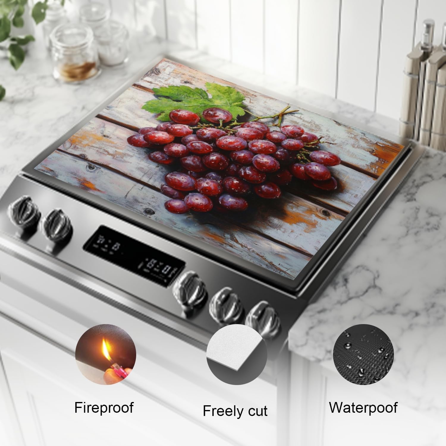 Silicone Stove Mat for Glass Top Stove, Purple Grapes Placed On Old Board Electric Stove Cover Mat, 28 x 20 Inch Heat - Resistant Gas Gtove Burner Covers Glass Stove Top Protector