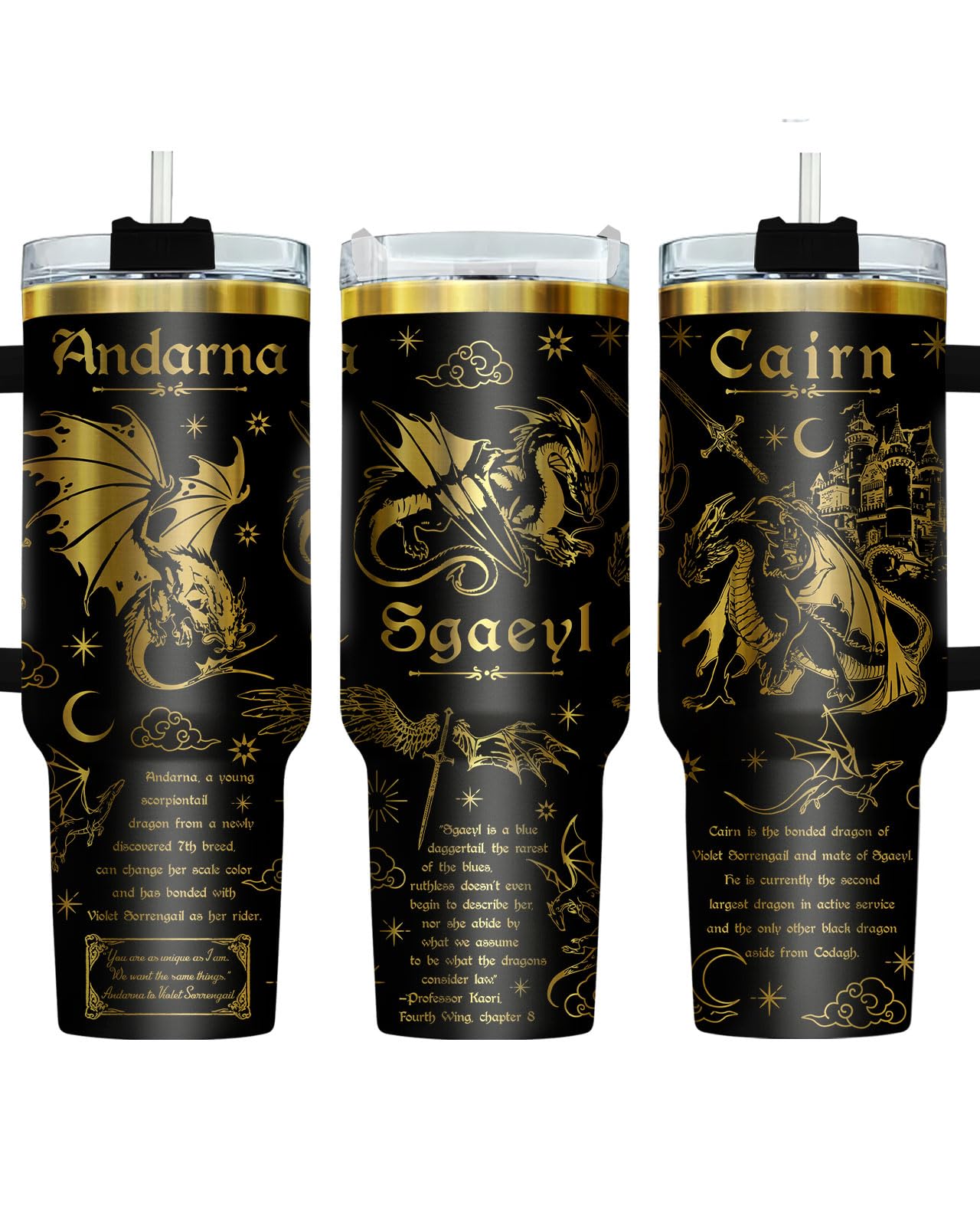 34HD Fantasie-Drachenbecher, 1213 ml, Edelstahlbecher mit Deckel und Strohhalm, flügelinspiriertes Geschenk für Fans und Fantasy-Leser