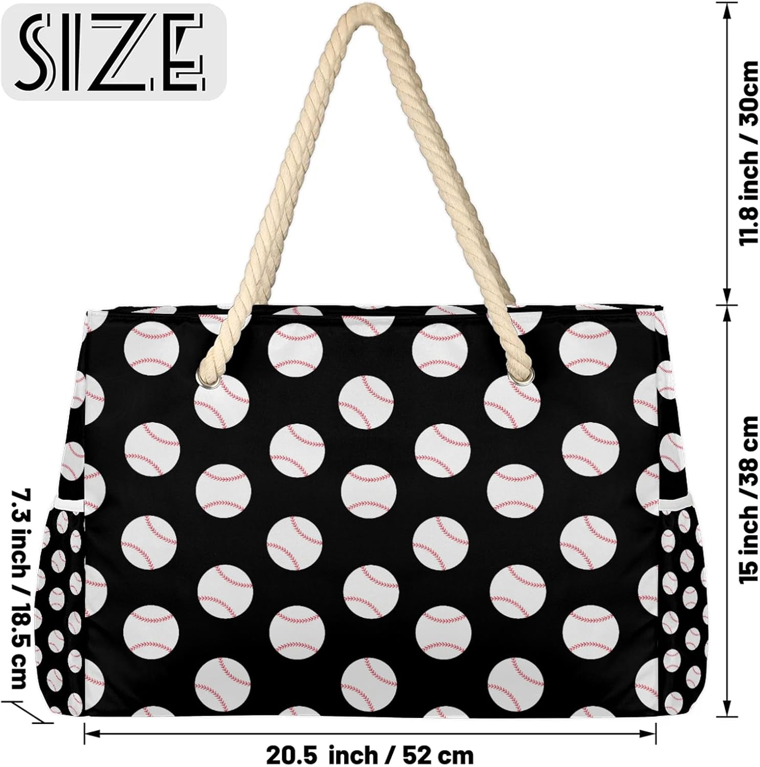 Baseball Black Tote Beach Bag for Women with Zipper Large Waterproof Sandproof Swim Pool Bag