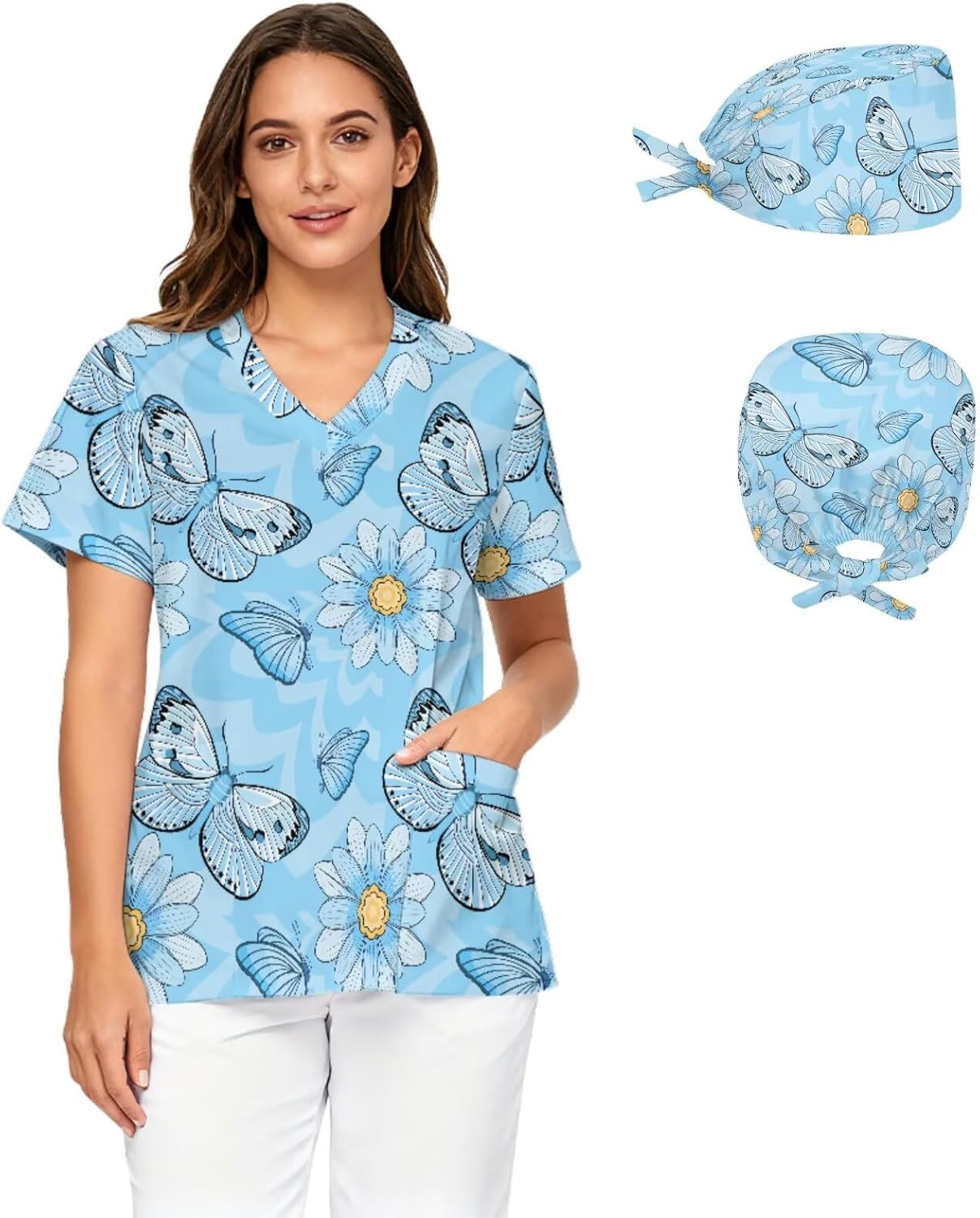 Women's Scrub Top&Nurse Cap 2-Piece Set,V-Neck Soft Stretch Medical Shirt with Pockets,Comfortable Nurse Uniform