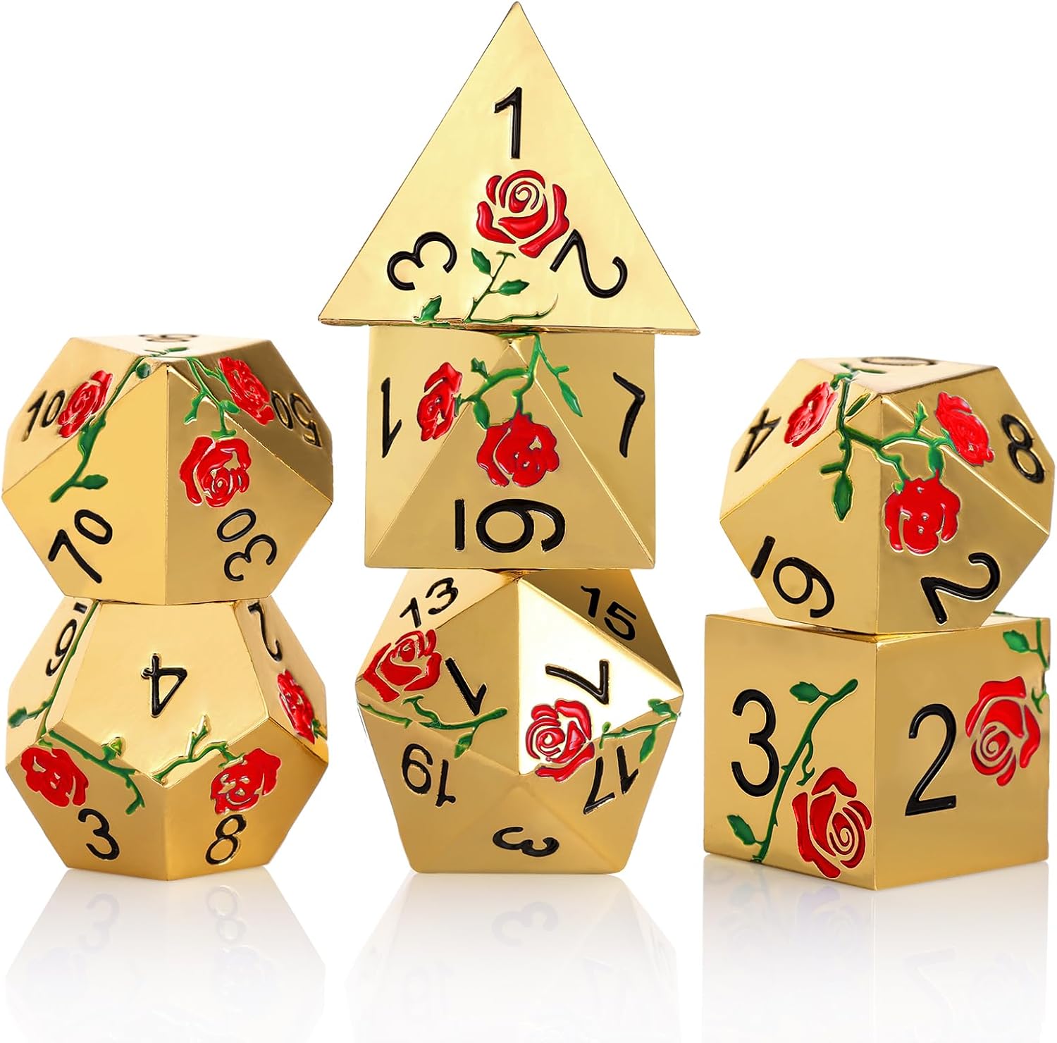 DND Metal Dice Set,Polyhedral Dice Set-Hand-Coloured Rose D&D Dice Set,Perfect in Gift Metal Box for DND Dungeons and Dragons Warhammer MTG RPG Role Playing Games(Gold-Red Rose)