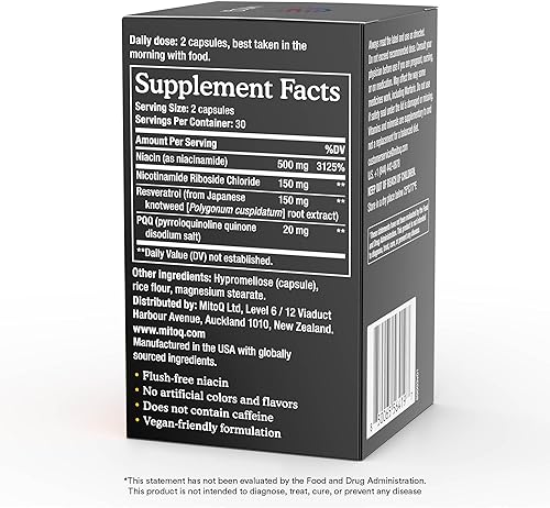 Miniatura 6 de MitoQ Suplemento de doble acción NAD+  con niacina clínicamente estudiada (niacinamida), ribósido de nicotinamida (NR), resveratrol y PQQ  Aumenta
