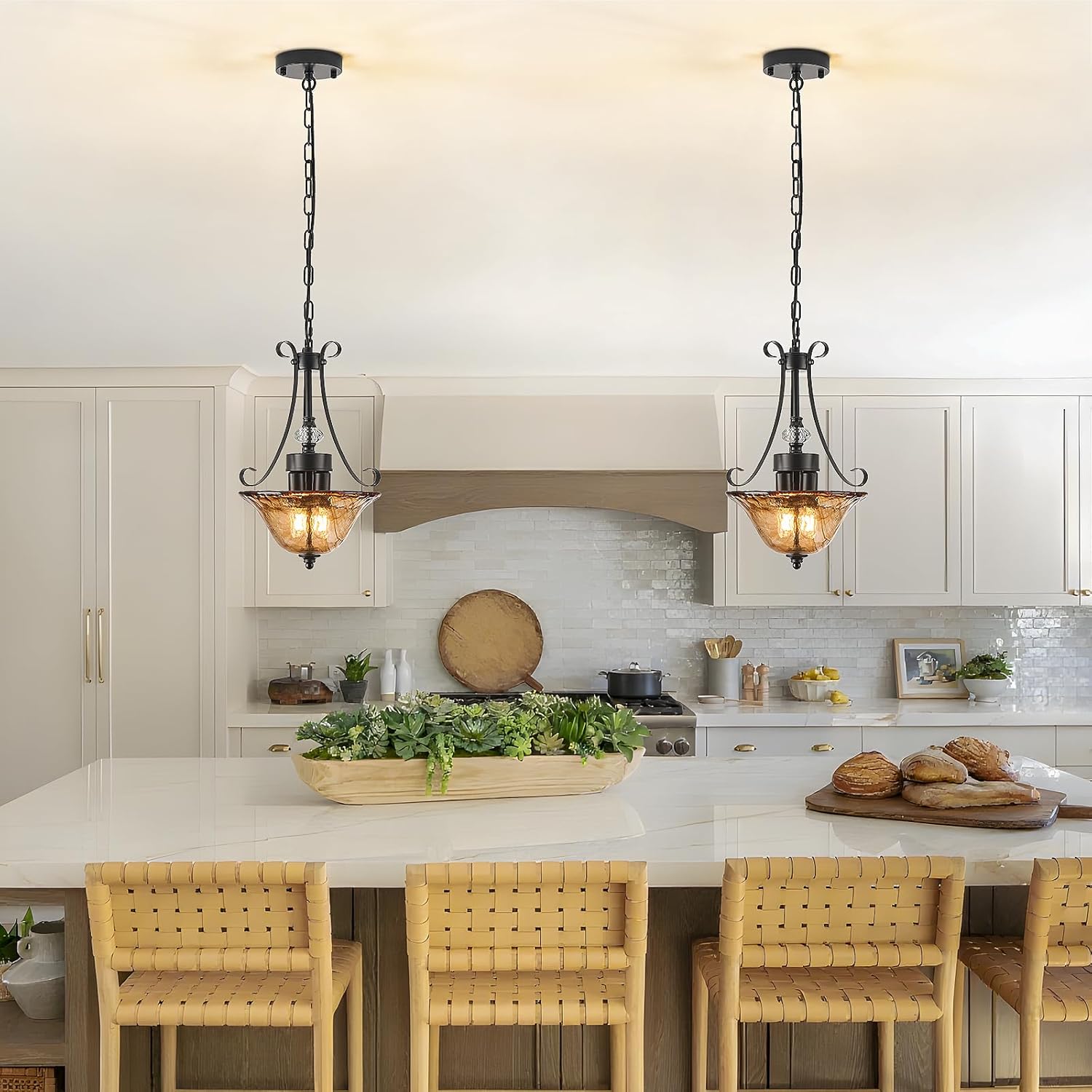 3-Light Chandelier, Black Farmhouse Pendant Light Fixture with Amber Glass,Adjustable Ceiling Hanging Lighting Brightens to Kitchen Island,Dining Room,Hallway,Entryway