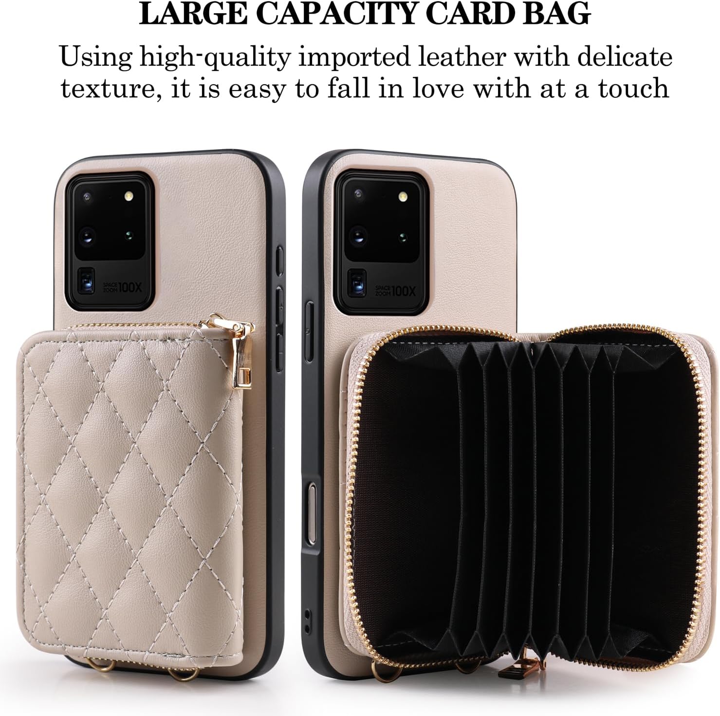 Argyle Wallet Cover for Samsung Galaxy S20 Ultra 5G with Screen Protector Shoulder Strap, Zipper Organ Card Holder Stand Phone Case for S20ultra 20S S 20 A20 S2O 20ultra G5 Women Girls Khaki