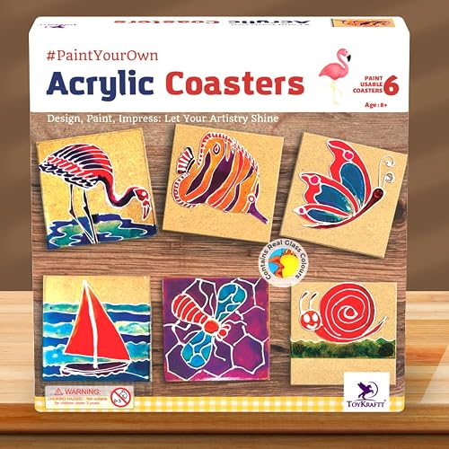 TOYKRAFTT Glass Painting Kit for Kids 8-12 Years - DIY Acrylic Coaster Art & Craft Set - Creative Birthday Gifts for Girls & Boys Age 9 10 11 12-14 - Paint Your Own Transparent Coasters Activity