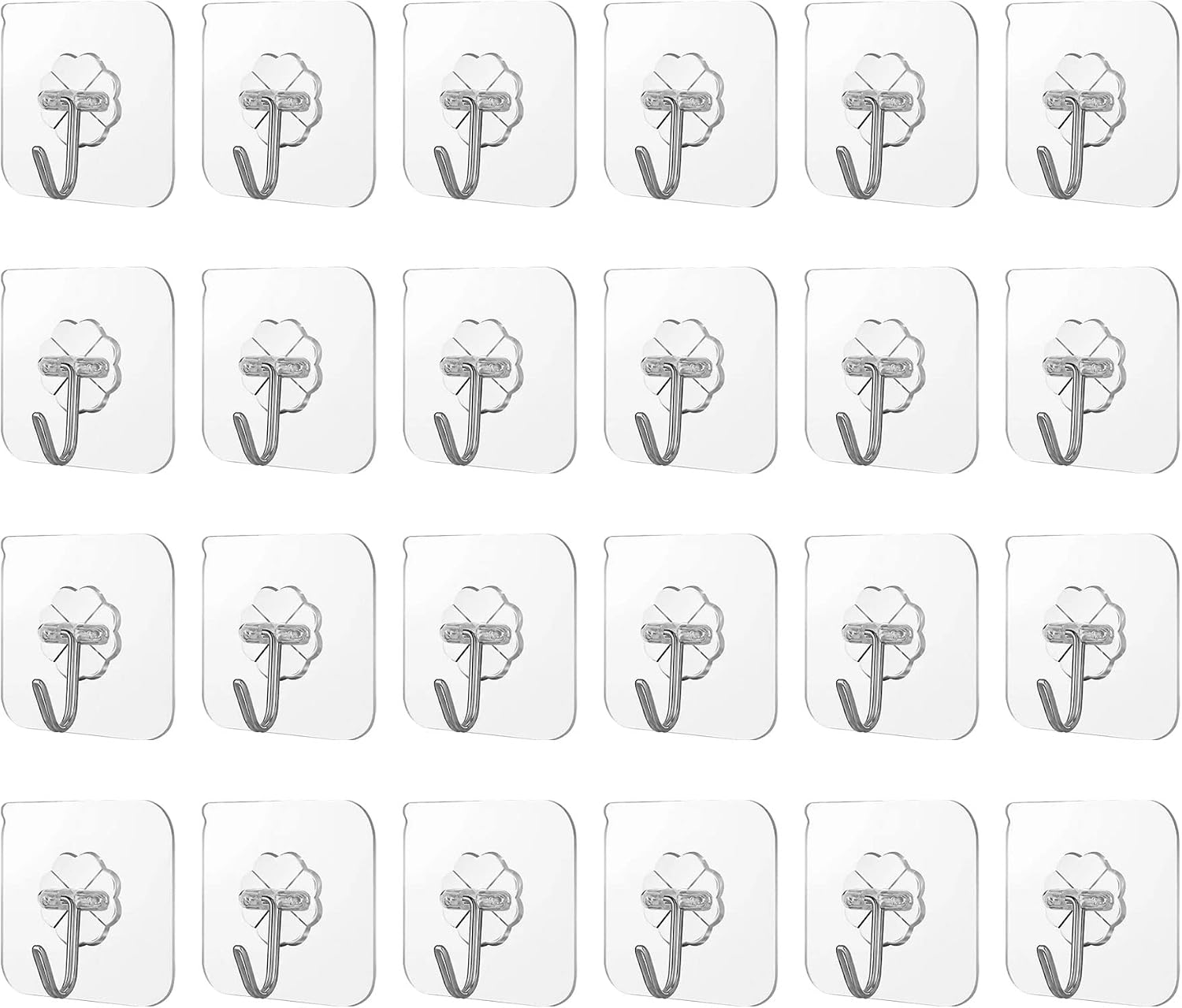 Parts Express Adhesive Hooks - 24 Pack Heavy Duty 13.2lb (Max), Nail Free Sticky Hangers with Stainless Hooks, Reusable, Clear, Utility Kitchen Wall Hooks, Towel Hanger, Ceiling Hooks…