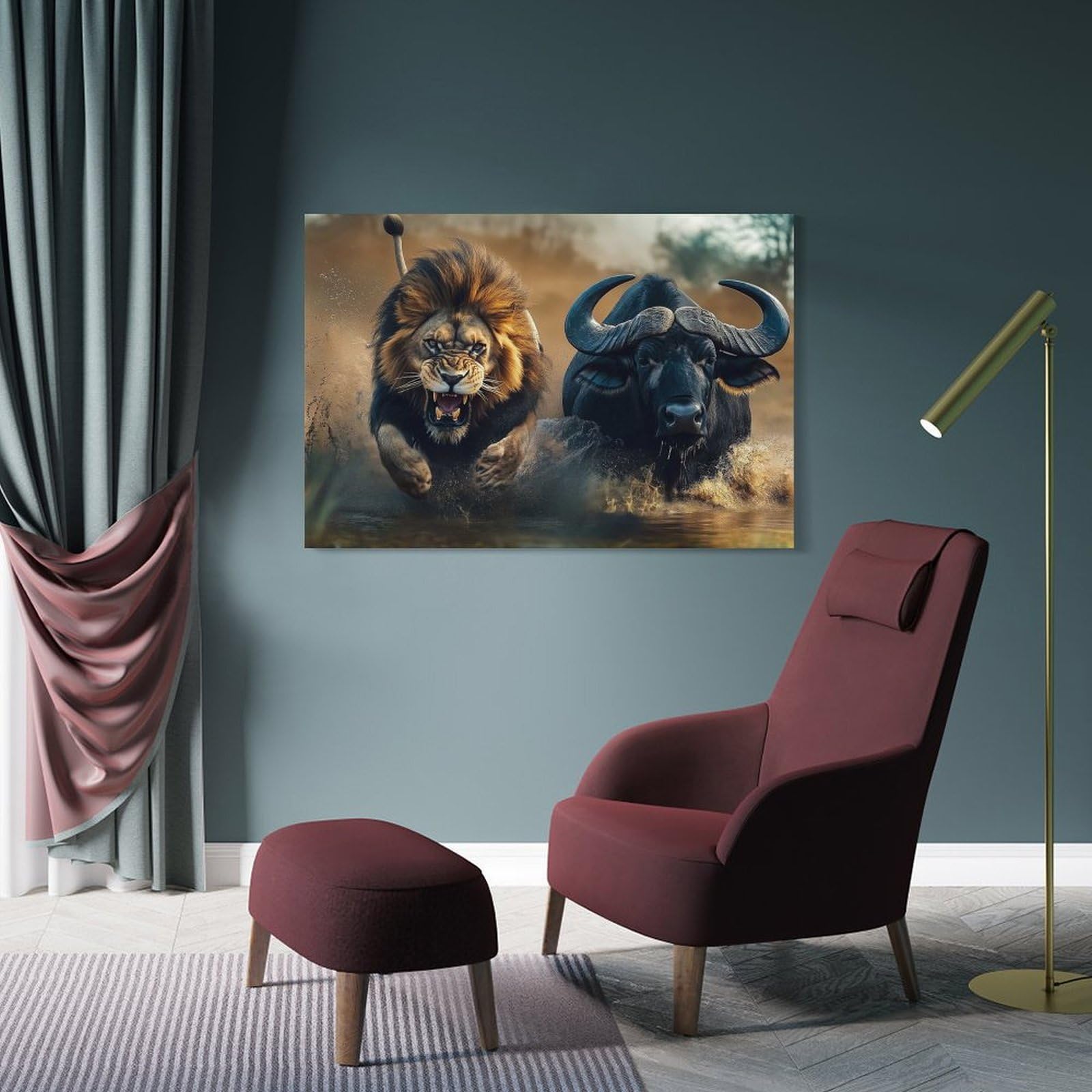 Junmoney Frame-Style-6 Home Decor Wall Art The Powerful African Lion Chasing Buffalo - Wildlife Photo, 24X36inch(60X90cm), For Hallway, Bedroom Or Modern Interiors, Gift Idea For Housewarming And Birthdays