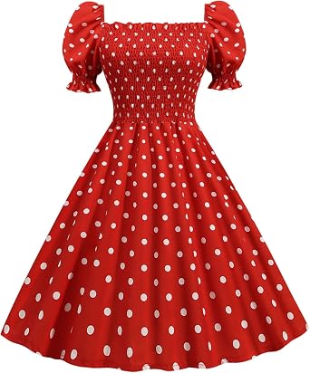 Vintage Dress for Women 1950s Cocktail Party Swing Dresses Square Neck Smocked Puff Sleeve Polka Dot Audrey Prom Dress