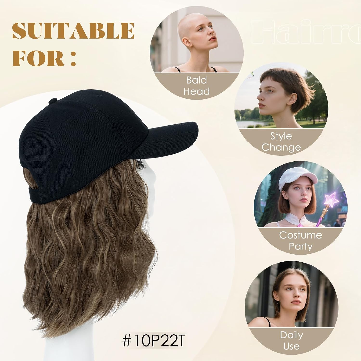 Hairro Cap with Hair Attached For Women Wig Hat Short Bob Synthetic Wavy Highlight Balayage Ball Cap Wiggy Hair Extensions 8" 180g #10P22T