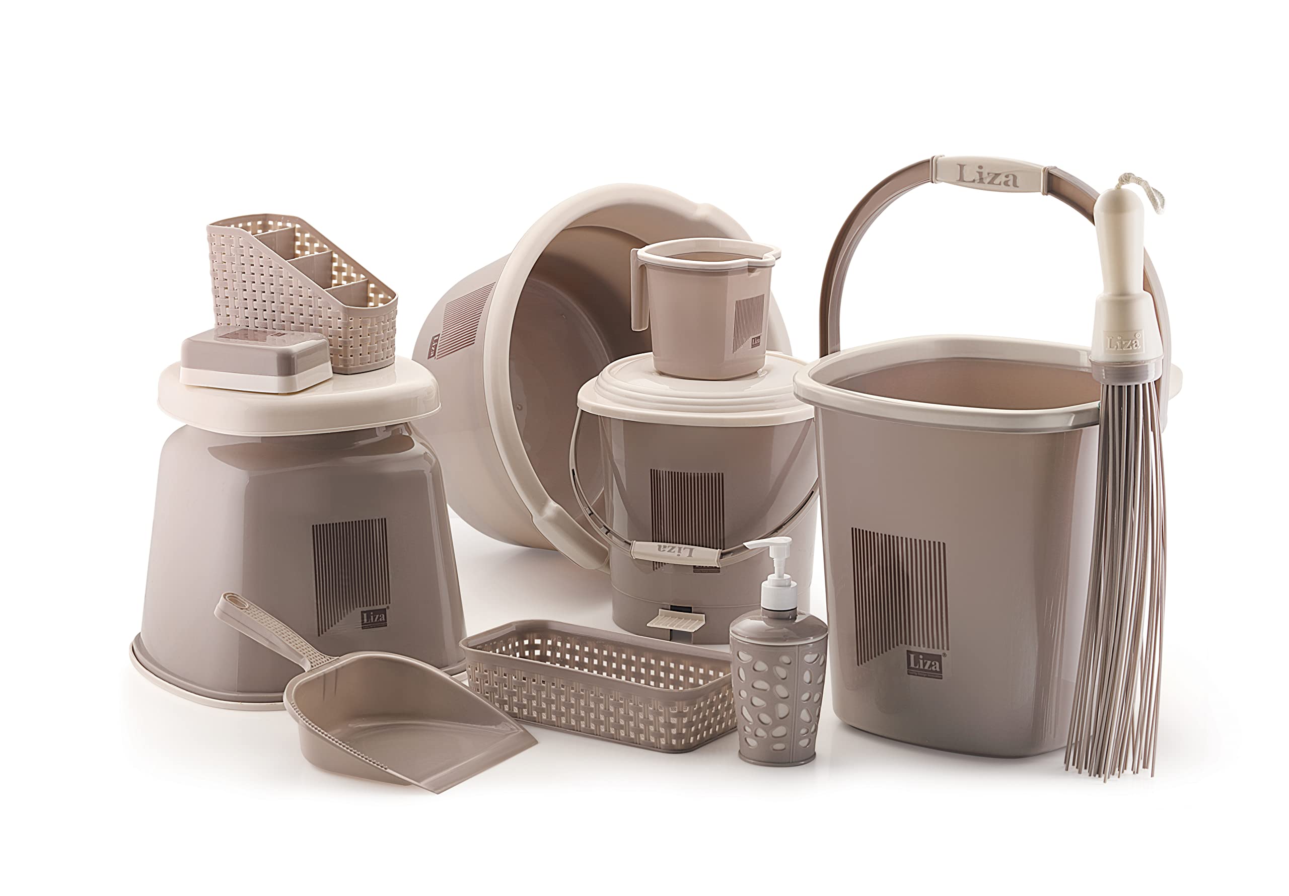 Liza Bathroom Set 11 Pc, Bucket (18ltr), Tub(18ltr), Mug (1 LTR), Push dust bin, Big Stool, soap case, Cutlery Stand, dust pan, Medium Broom, Soap Dispenser Organiser (Opera11darkbrown-beige) (B0B3QQXTXG) Amazon Price History, Amazon Price Tracker
