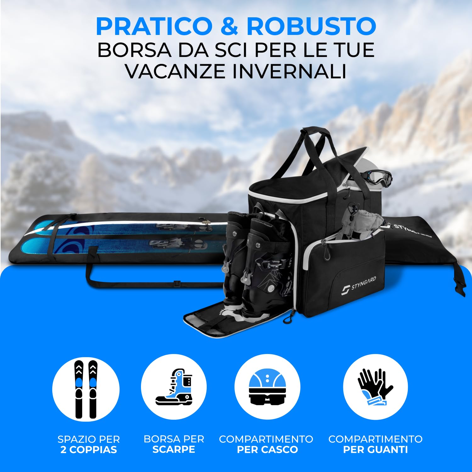 STYNGARD Set Borsa da sci per 2 paia di sci [da 140 cm a 200 cm] borsa porta sci e borsa porta scarponi con scomparto per casco [54 L] Modello Salzburg