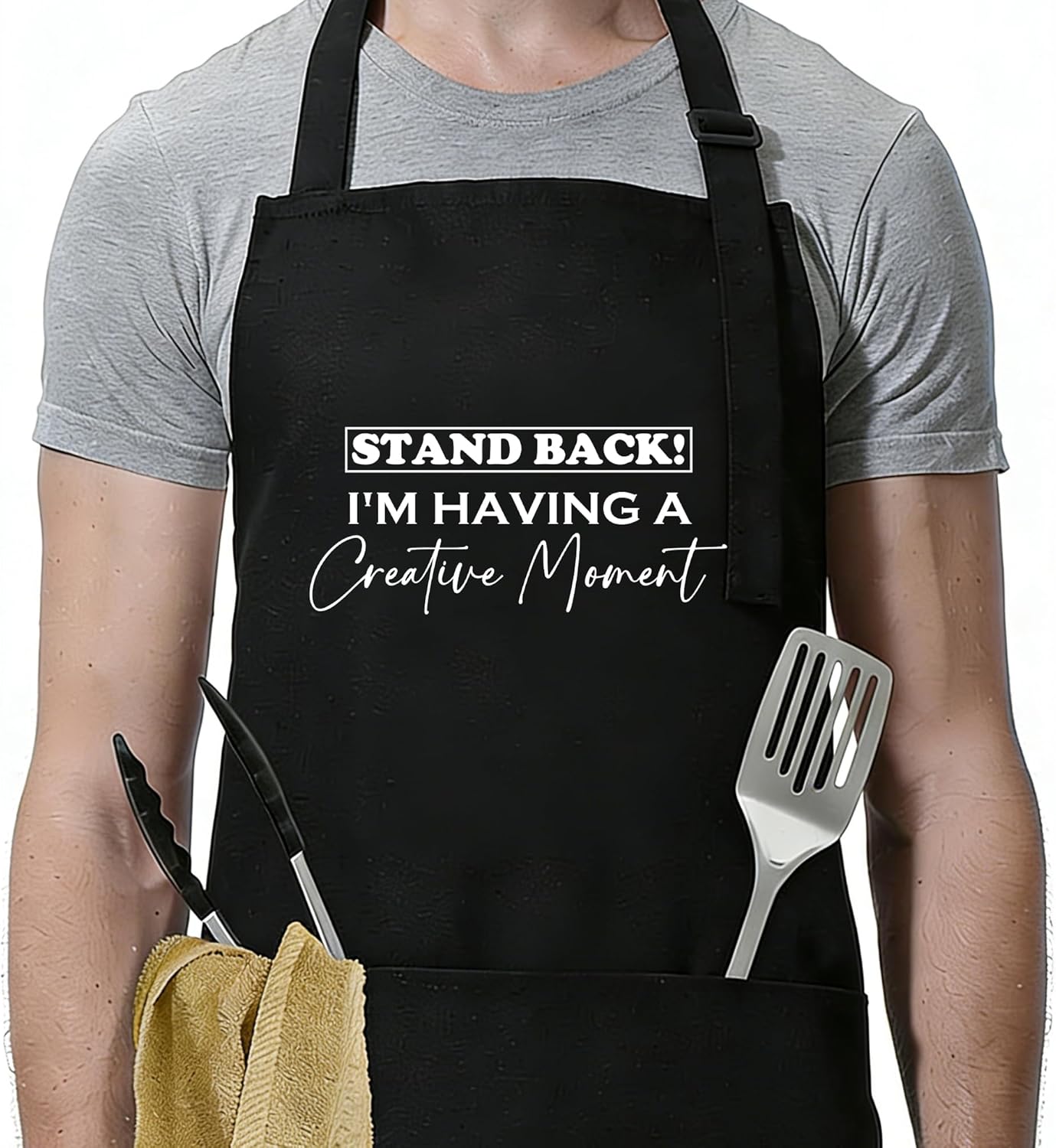 Funny Apron for Men - Stand Back I'm Having A Creative Moment -Humorous Kitchen Apron with 2 Pockets & Adjustable Neck Strap-Grilling Cooking BBQ Accessories, Gift for Dad Husband Chef - A15