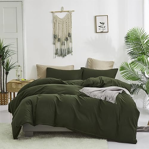 Miniatura 6 de Luxlovery Juego de edredón verde militar, juego de ropa de cama minimalista verde oscuro, moderno, suave, transpirable, verde oliva, para mujeres y