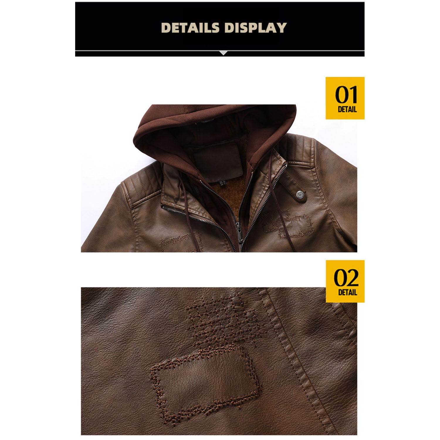 Herren Abnehmbare Kapuze Lederjacke Slim Vintage Motorrad Biker Jacke Casual Coat Outwear