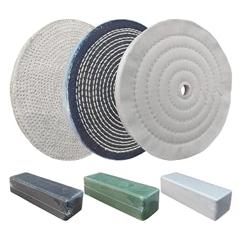 6PC 8 Inch Stainless Steel Polishing Buffing Wheel Kit for Bench Grinder,kit with Each 1PC 5/8 Inch Arbor Hole Sisal/Denim/Cotton Wheel and Each 1PC 100g Bar Black/Green/White Polishing Compound