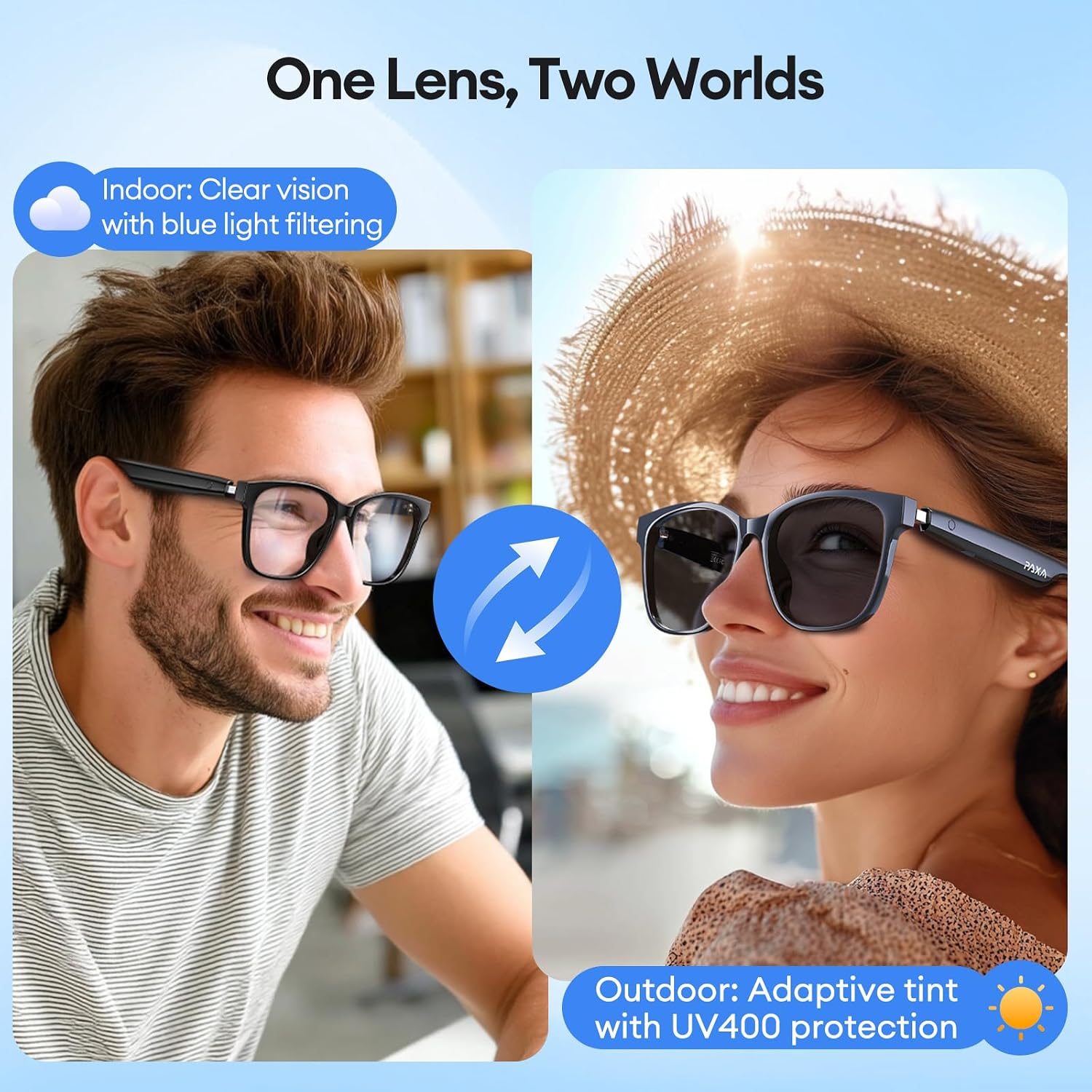 PAXA S7Ultra Auto-Tinting Smart Audio Glasses with Translation Support | Auto-Tinting UV400 Lenses, Prescription Lens Replaceable, 144-Language AI Translation, Open-Ear Audio & Calls