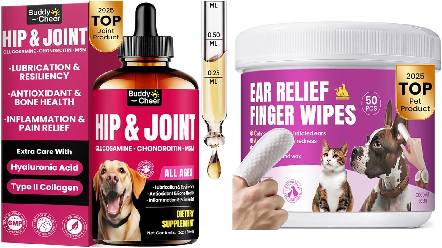 BuddyCheer Liquid Collagen for Dogs Hip and Joint Supplement & Pet Ear Cleaning Finger Wipes for Dogs & Cats