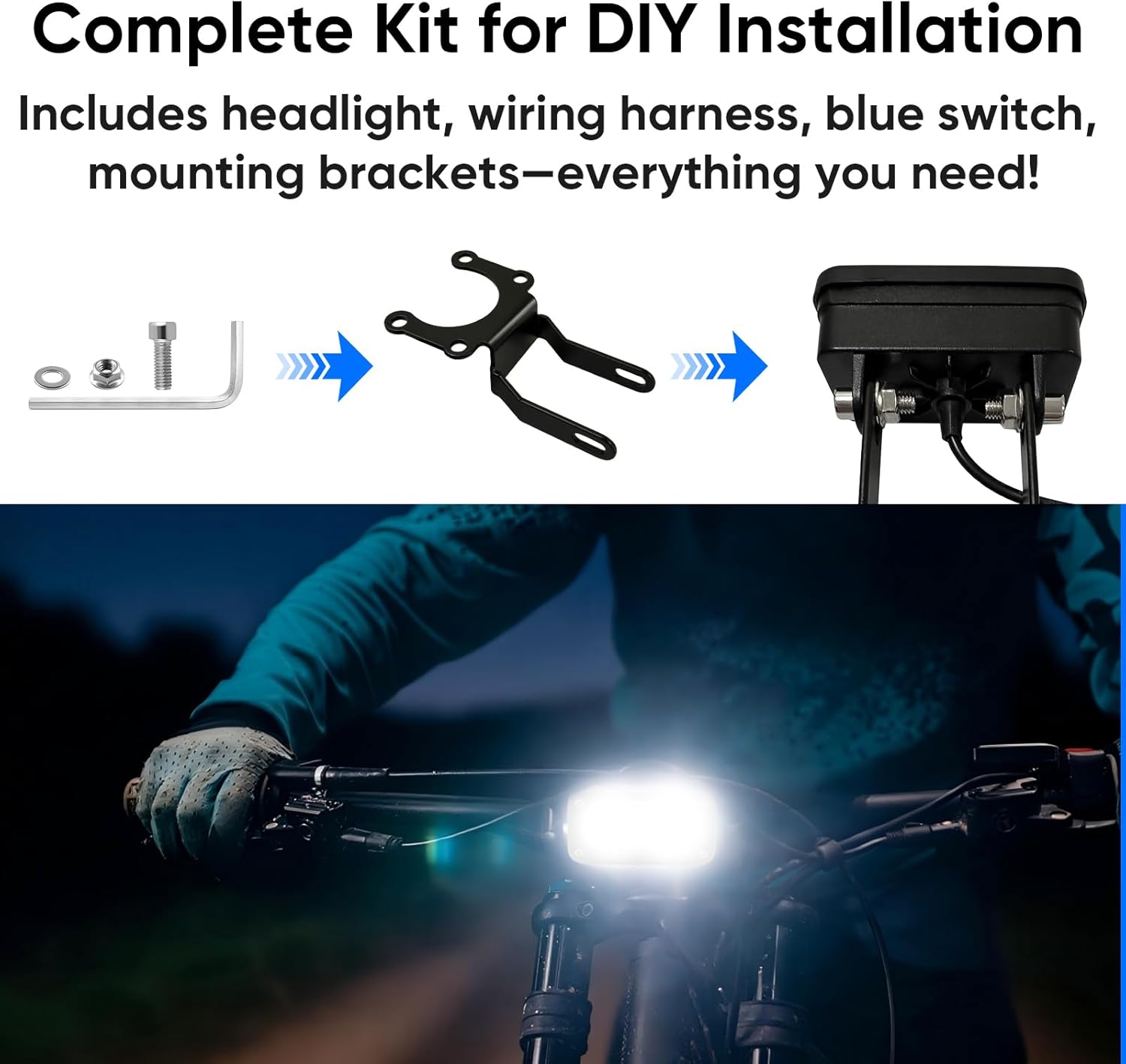 Dirt Bike Headlight Kit Compatible with Surron, Talaria Sting R MX4, Segway X260, 20W 6000-6500K LED Light Bar Accessories with Harness Adapter, Blue Light Switch & Mounting Bracket Parts