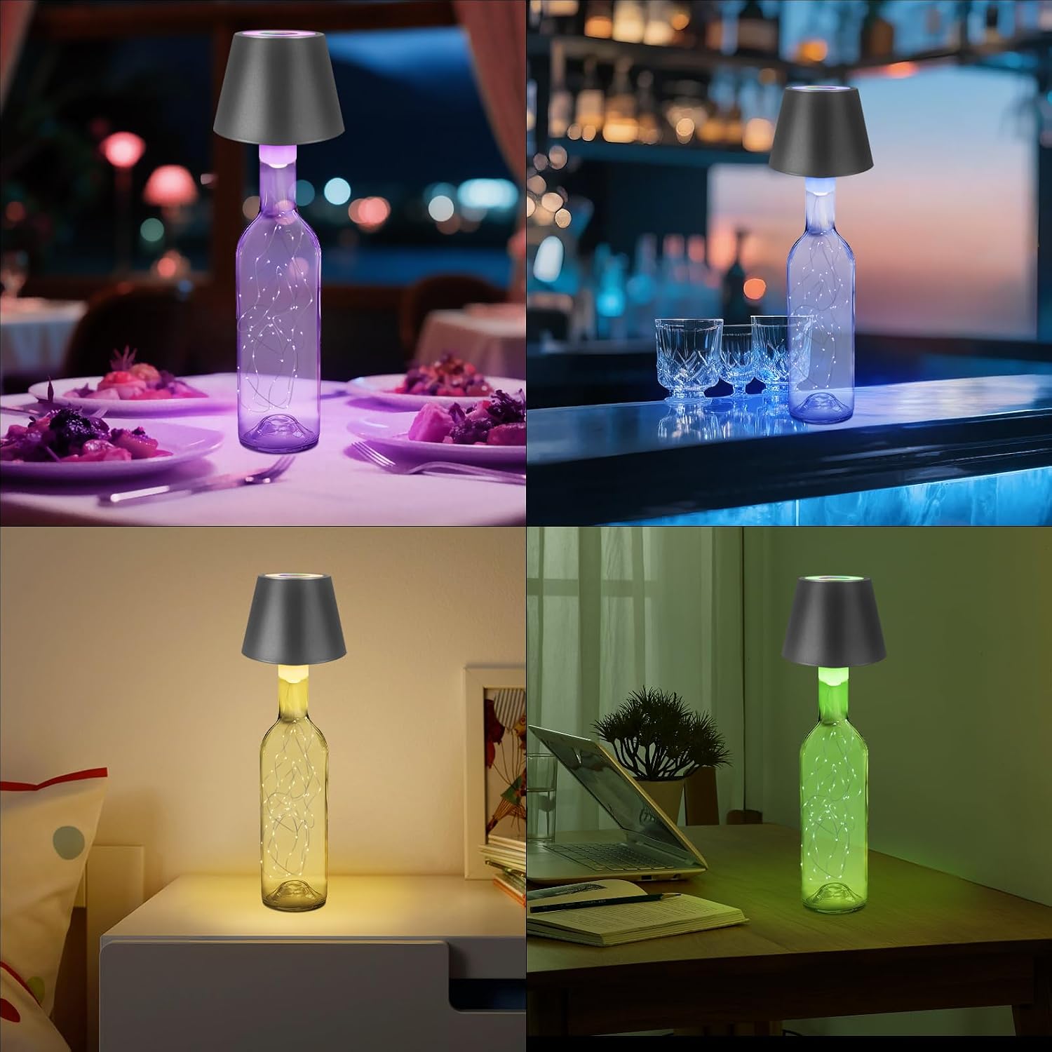uuffoo 2 Pack Wine Bottle Lamps Wireless 8 Colors, 4000mAh Rechargeable Bottle Lights Cordless with Touch Dimming, Lamp Kit for Whiskey Liquor Bottles for Party Restaurant Home Bar Decor (2PCS Black)
