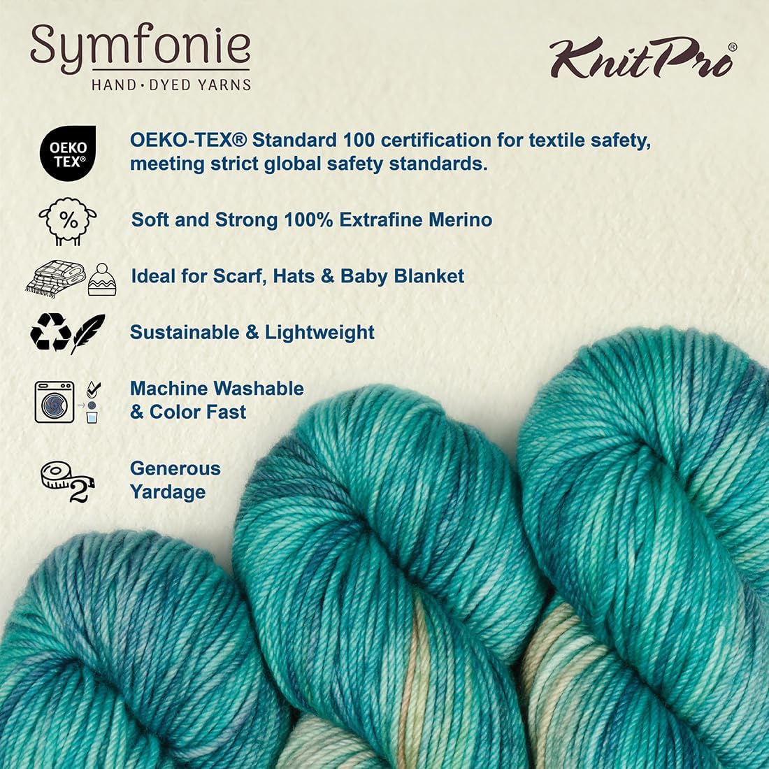 KnitPro Symfonie Hand Dyed Premium Yarn | 100% Extra Fine Merino Wool for Knitting & Crocheting, Worsted Weight, Oeko-TEX Certified, Colorfast Fiber 165m, 100g Skein | Bella Variegated Sandy Sea