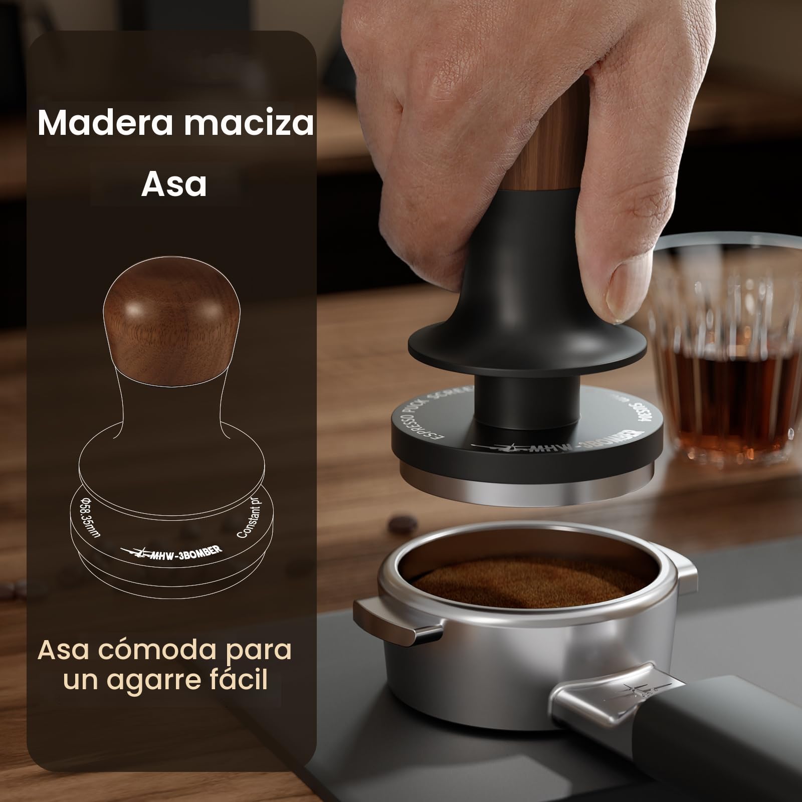 MHW-3BOMBER 15mm Espresso Café Tamper con tres resortes cargados Calibrado Tamper Espresso 6.8kg/13.6kg Espresso Tamper de mano con retroalimentación de sonido T6072T