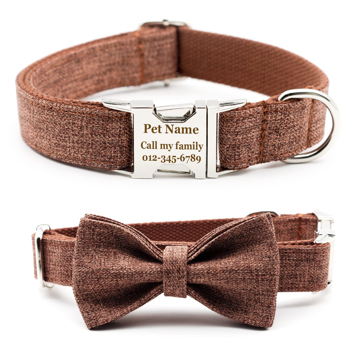 Durable Engraved Dog Collar Custom Name Fabric Adjustable (Brown Suit)