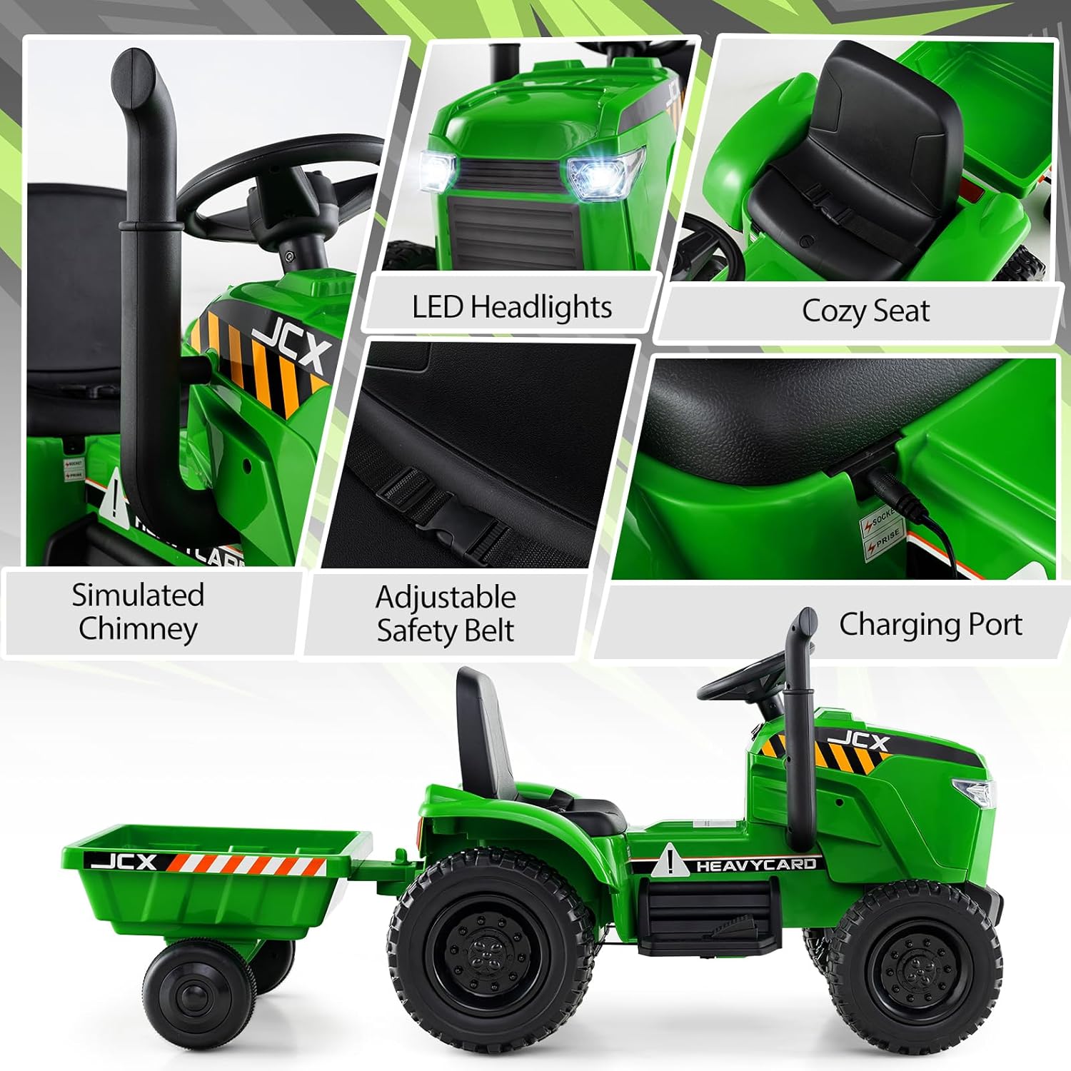 HONEY JOY Upgrade Kids Ride On Tractor with EVA Treaded Tires, 12V 7AH Battery Powered Electric Car w/Trailer, Music, 25W Dual Motors, Ground Loader, Toddler Ride On Car w/Remote Control(Green)