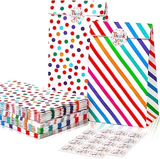 24 Pieces Rainbow Party Favor Paper Bags, Food Safe Kraft Paper Gift Bags Sweet Candy Goodie Treat Bags with 24 Stickers for Birthday Party Wedding Christmas, 5.1 x 3.1 x 9.4 Inch