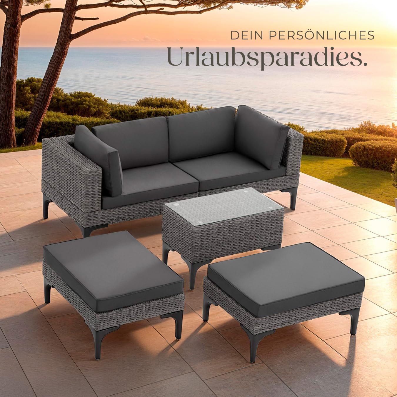 tectake® Outdoor Rattan Lounge, 5-teiliges Gartenmöbel Sofa Set mit Aluminium Gestell, frei kombinierbar, mit Ecksessel, Hocker, Tisch, Gartenlounge, inkl Sitz- und Rückenkissen - grau