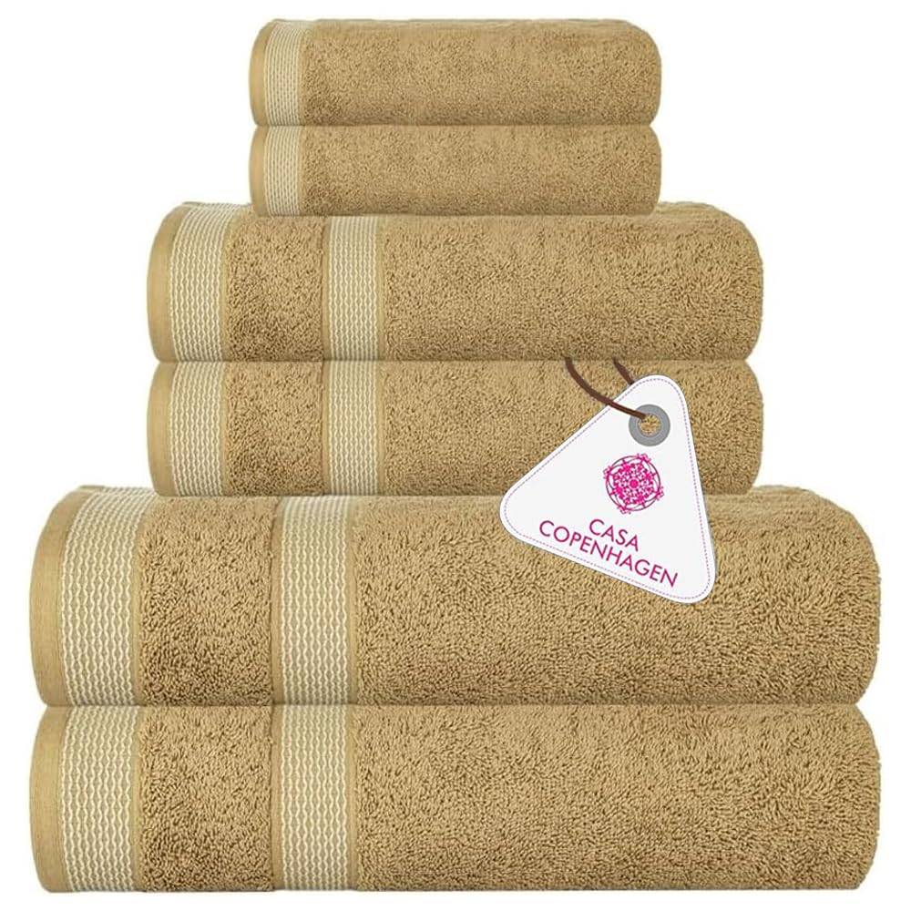 Casa Copenhagen Cream Solitaire 6 Piece Towel Set - Beige, 600Gsm, 2 Bath Towels, 2 Hand Towels, 2 Washcloths Made Of Soft Egyptian Cotton For Bathroom, Kitchen And Shower