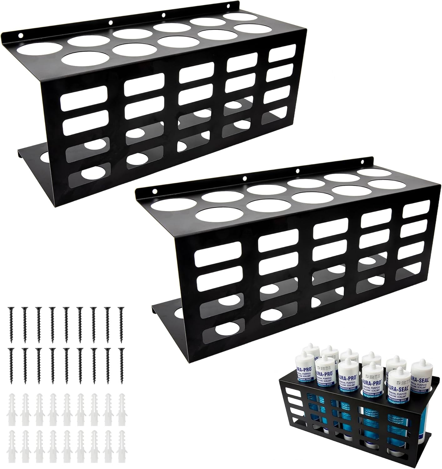 2 Pack Metal Caulking Tube Holder Wall Mount Caulk Tube Tray 11 Slots Silicone Tubes Storage Organizer Heavy Duty Grease Gun Sealant Storage Rack for Garage Workshop Van Tool Shed(Black)