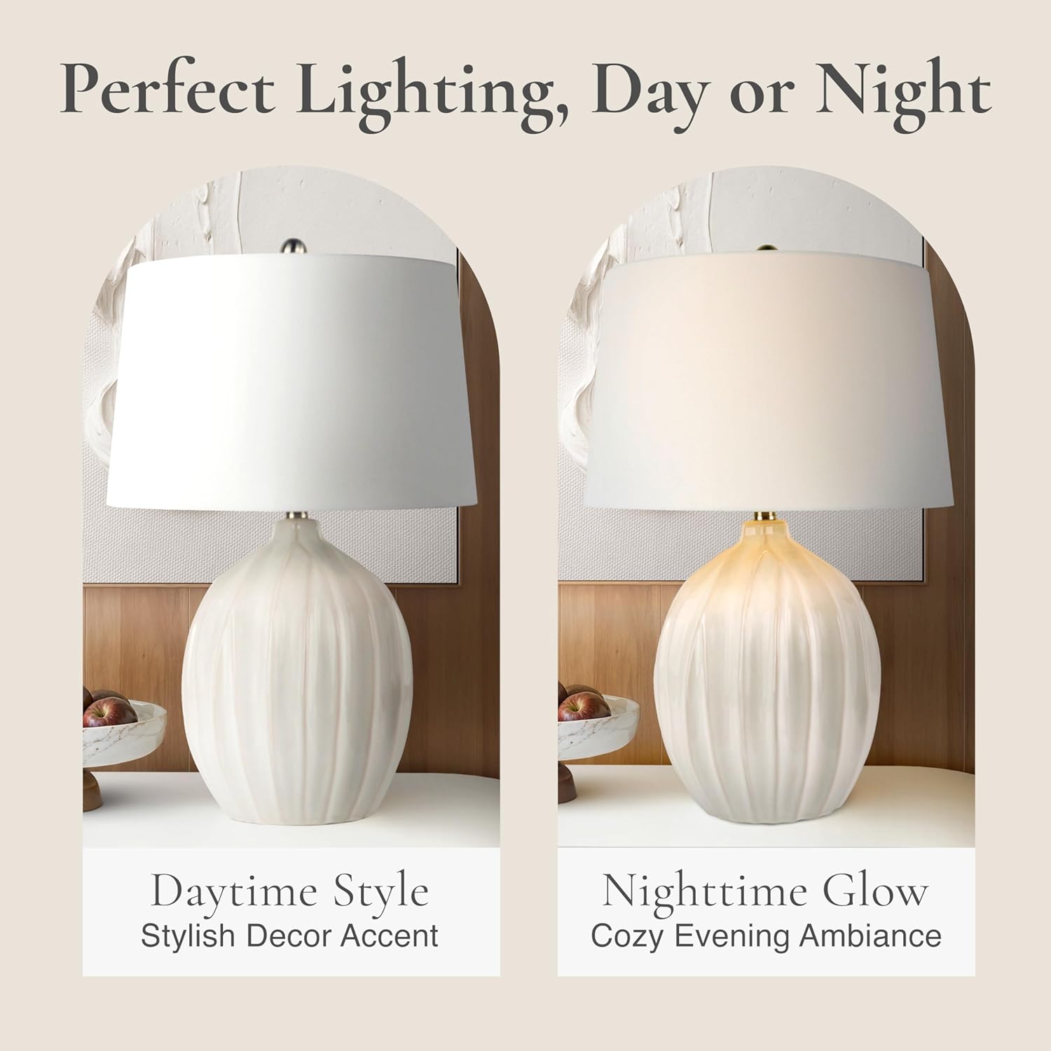 Abani Table Lamp Aurora Fluted 24.5” – Transitional Cream Ceramic Base with White Linen Shade – E26 Bulb Included – Elegant Desk Lamp for Bedroom, Living Room Lamp, Dorm or Nightstand