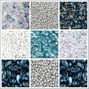 ScaraBeads, Set of Czech Pressed and Faceted Glass Beads in Different Shapes, Sizes and Colors, Bohemian Glass, Multicolored White, Silver, Blue, Turquoise, Rainbow