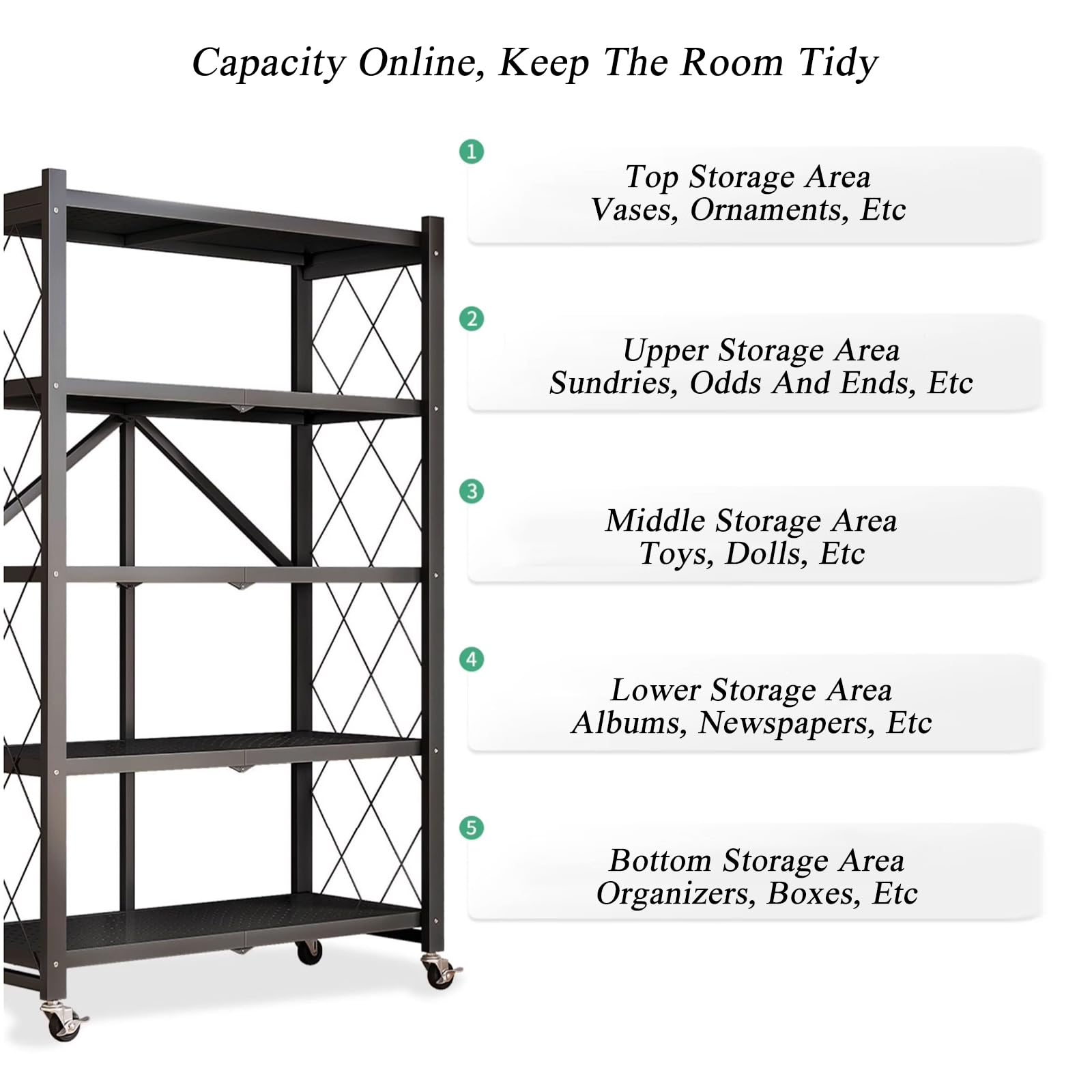 Scaffale pieghevole a 5 ripiani con ruote, scaffale in metallo per cucina, garage, bagno, non richiede montaggio, versatile, nero