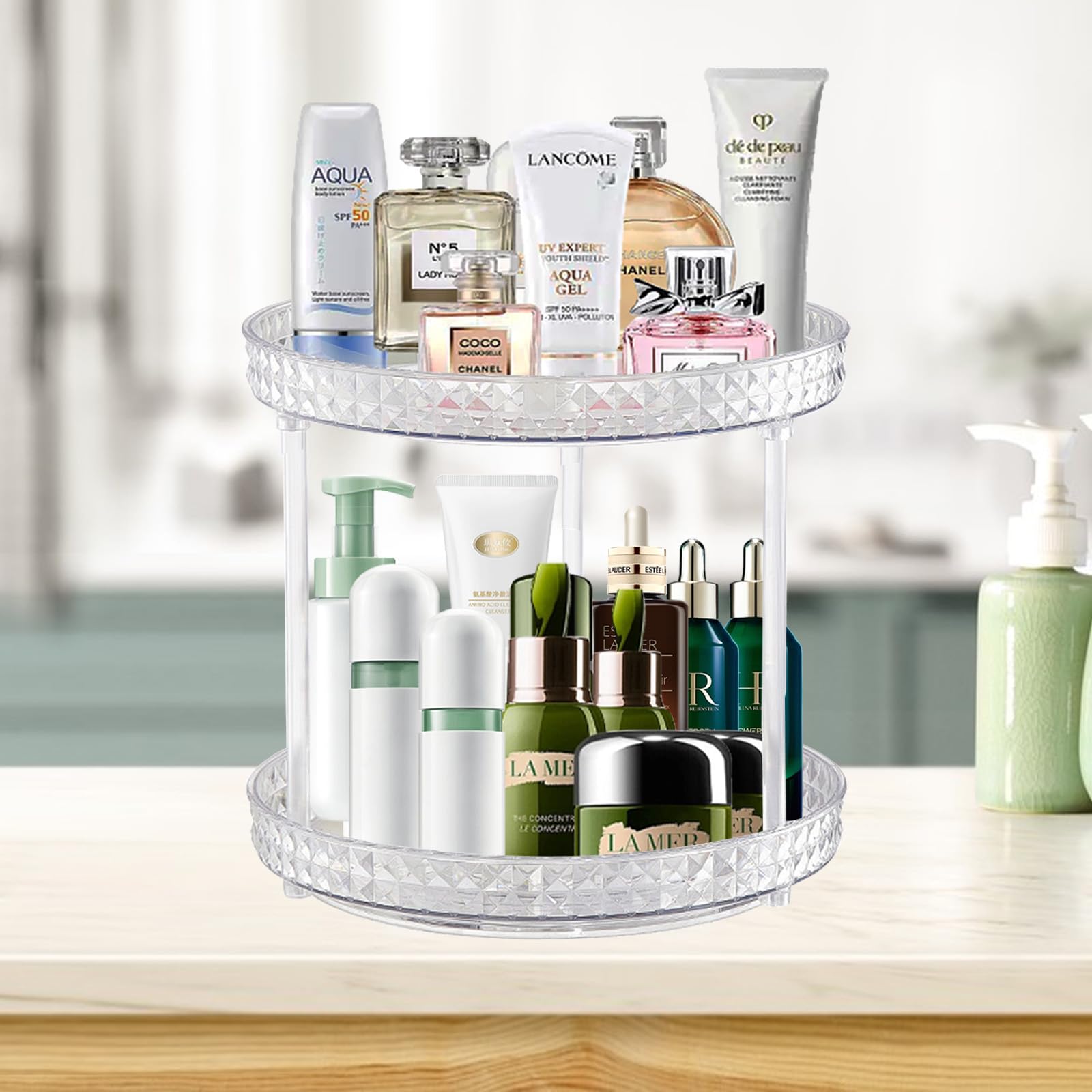 Rainmae 360 Rotating Makeup Organiser,Spinning 2 Tiers Acrylic Perfume Organiser, Skincare Cosmetic Organizer, Dressing Table Organiser for Lipsticks,Jewelry, Brush, Vanity Desk,Bathroom